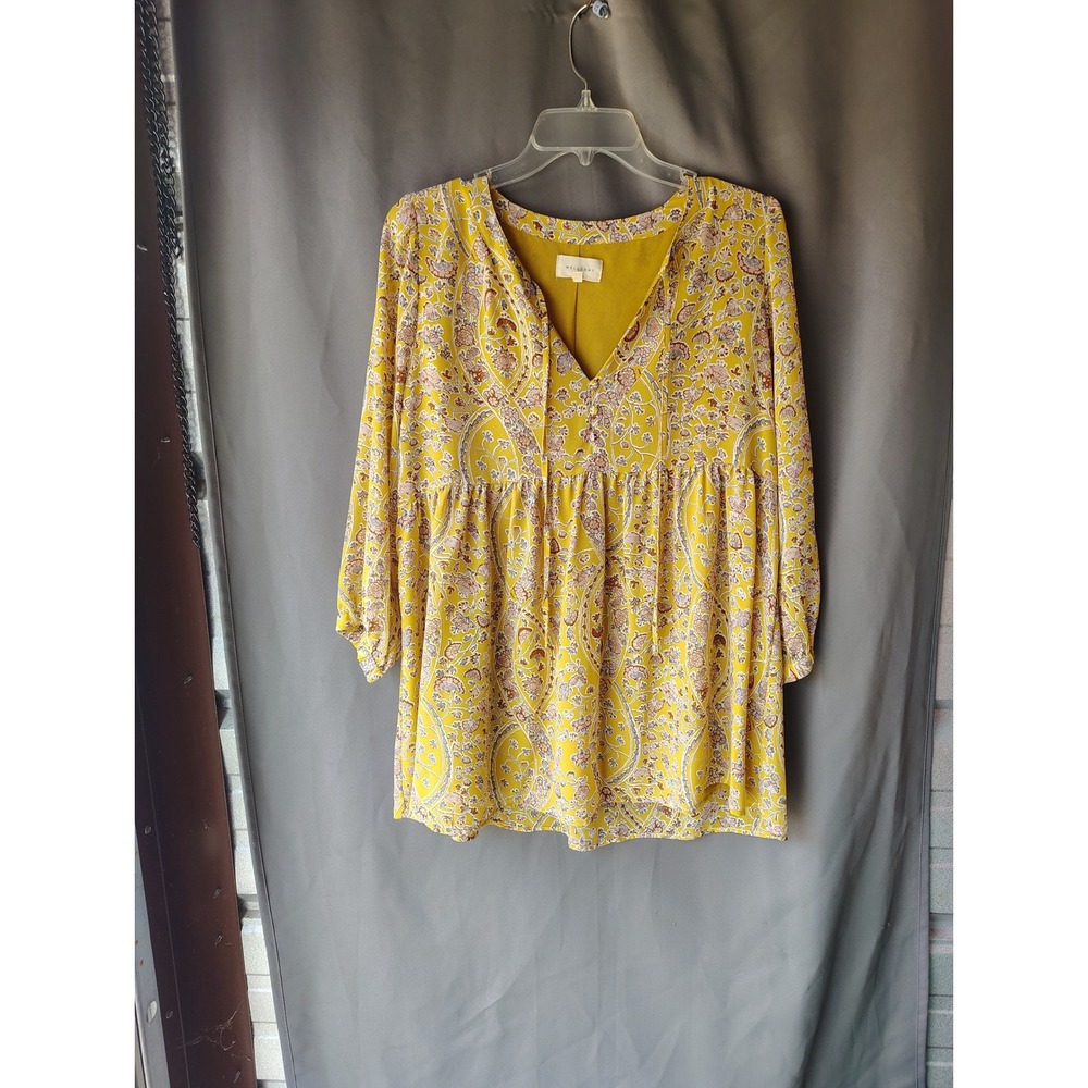Melloday Mustard Yellow Paisley Babydoll Tunic Top V-Neck Tie Front Long Sleeve